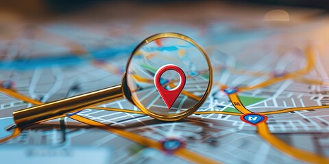 Magnifying glass on map for online search concept.