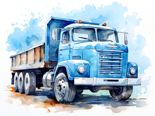 Watercolor illustration of an blue truck on the road with blue sky 