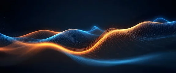 Fototapete Abstract image of dynamic blue particles forming wavy lines against a dark background, resembling a digital representation of a sound wave © JazzRock