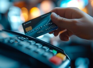 Close-up of a hand holding a credit card over a POS terminal, blurred lights in the background. - obrazy, fototapety, plakaty
