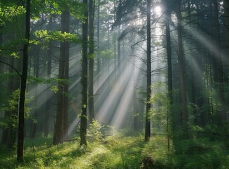 The sun's rays pierce the dense, mesmerizing forest, illuminating a serene path, a calm and mystical atmosphere.