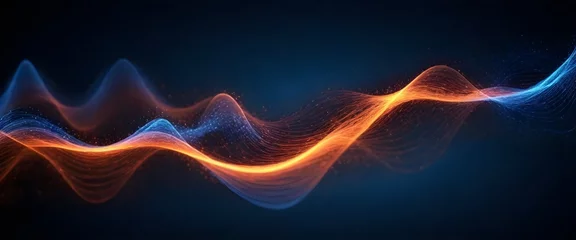 Zelfklevend Fotobehang Abstract image of dynamic blue particles forming wavy lines against a dark background, resembling a digital representation of a sound wave © JazzRock