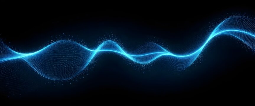 Abstract image of dynamic blue particles forming wavy lines against a dark background, resembling a digital representation of a sound wave