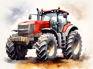 Watercolor illustration of a red tractor vehicle 