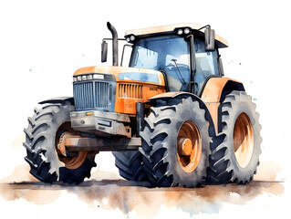 Watercolor illustration of a orange tractor vehicle 