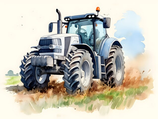 Obraz premium Watercolor illustration of a grey tractor vehicle 