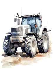 Watercolor illustration of a grey tractor vehicle 