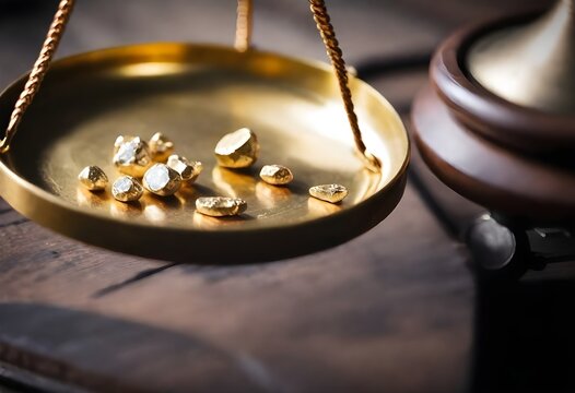 Gold nuggets on a weighing scale with a wooden surface in the background