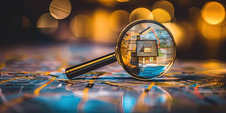 Magnifying glass on map with house for online search concept. Digital real estate listings to buy and sell on the marketplace. 