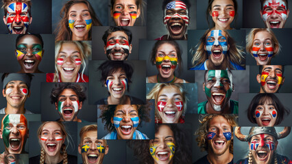 Multi National teams Fans with painted own country flags faces colors smiling laughing excited Roaring Supporting their favorite team straight at camera. Active sport fans movement and emotion collage