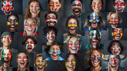Foto op Aluminium Multi National teams Fans with painted own country flags faces colors smiling laughing excited Roaring Supporting their favorite team straight at camera. Active sport fans movement and emotion collage © Soloviova Liudmyla