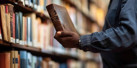 African American person pulling book from bookshelf at a bookstore or library to study and read
