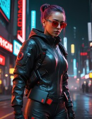 Obraz premium Neon Dreams: Cyberpunk Tech Fashion Goddess Illuminates the Street