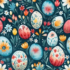 Fototapeta na wymiar Water color easter symbols, ukrainian national ornaments seamless pattern with bright colours dynamic