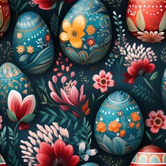 Water color easter symbols, ukrainian national ornaments seamless pattern with bright colours dynamic