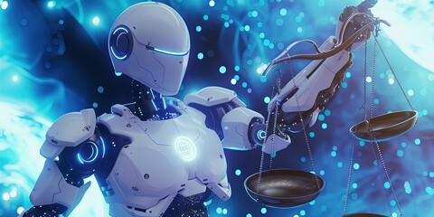 AI robot holding scales of justice for ethical artificial intelligence and machine learning.