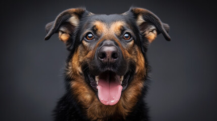 Portrait of a faithful police dog in a dark gray background.