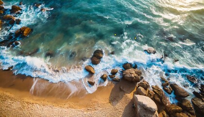 Aerial view of seascape. Blue ocean water with waves. Sandy beach. Rocky coastline