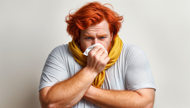 Image of a plump man with bright red hair, he is sick, he has a runny nose