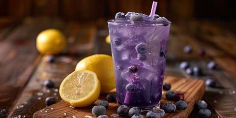 Blueberry lemonade with fresh fruit and juice in the glass - obrazy, fototapety, plakaty