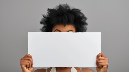 Mulher afro-americana surpresa espiando por trás de um outdoor em branco - obrazy, fototapety, plakaty