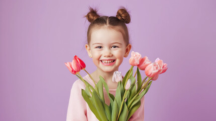 Menina com um buquê de tulipas em um fundo roxo.