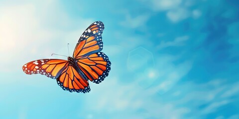 Colorful butterfly flying on a blue cloudy sky