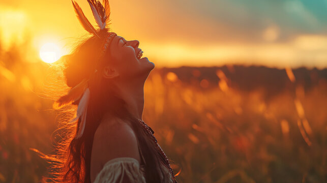 Retrato de uma bela jovem hippie no campo ao pôr do sol
