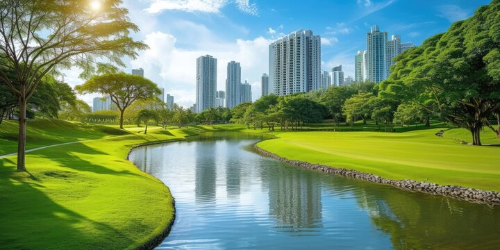 Generative AI, Green park near high-rise buildings, Urban Landscape, Green Spaces, Sustainable Living, Eco-Friendly, Skyline

