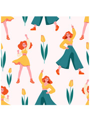 Seamless pattern with beautiful independent girls. Vector seamless texture for International Women's Day.	