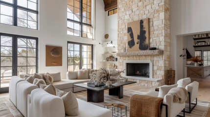 This stunning home incorporates elements of the original structure including a rustic stone fireplace while adding contemporary touches like oversized windows and a minimalist
