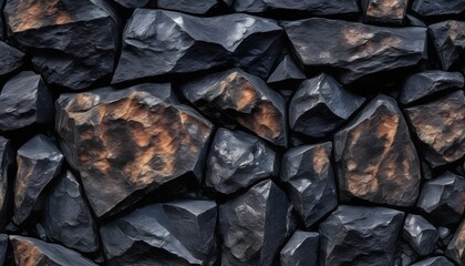 Solid obsidian stones wall with light reflections
