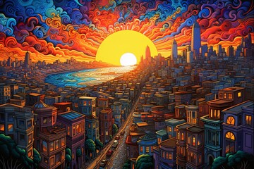 a colorful city with a sunset