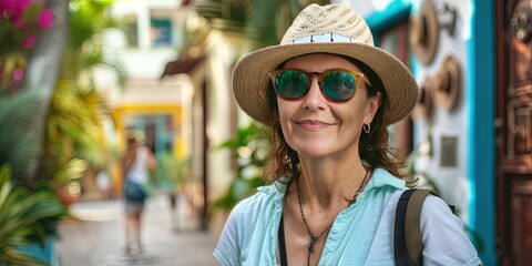 Friendly older female tourist visiting an exotic international location on vacation