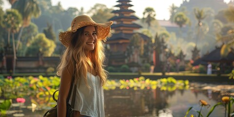 Friendly young female tourist visiting an exotic international location on vacation - obrazy, fototapety, plakaty