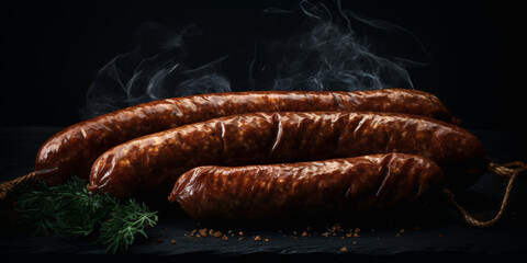 Grilled Smoked Sausages with Steam Rising on a Black Stone Surface - obrazy, fototapety, plakaty