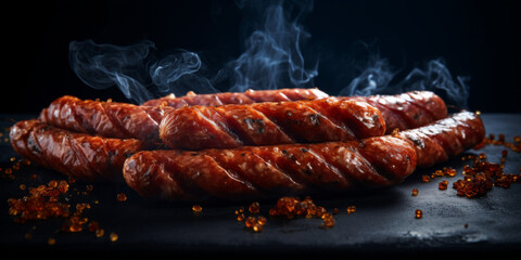 Grilled Smoked Sausages with Steam Rising on a Black Stone Surface