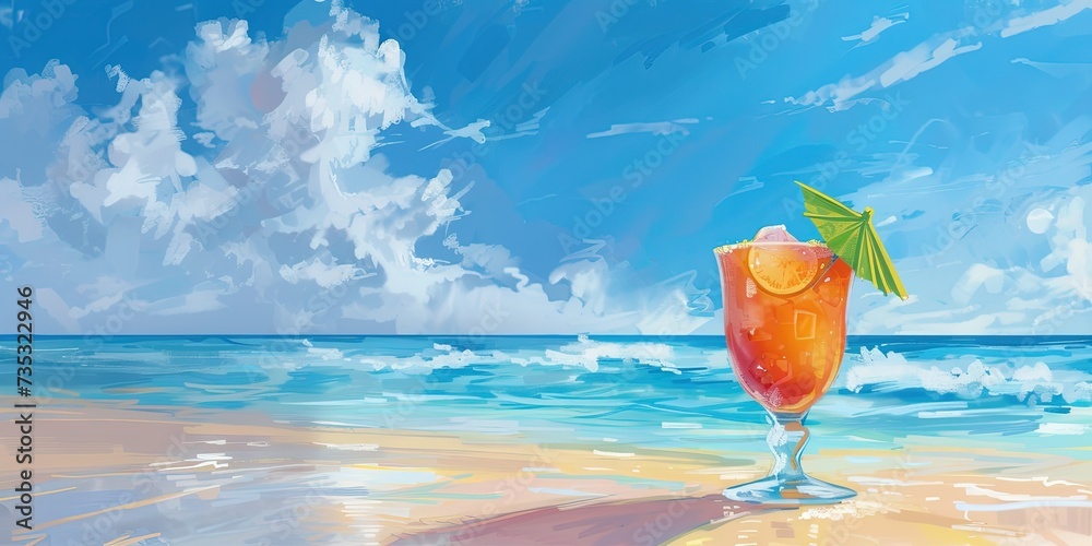 Wall mural Tropical fruity cocktail on an idyllic beach with copy space 