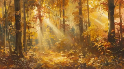 Fotobehang An enchanting forest bathed in golden sunlight, with majestic trees towering overhead  © GraphicXpert11