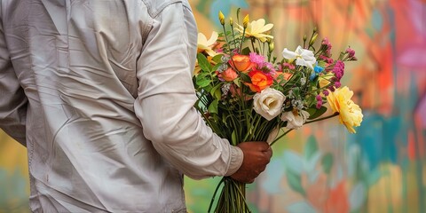 behind the back of a man holding flowers - floral bouquet for apologies, holidays, and anniversary