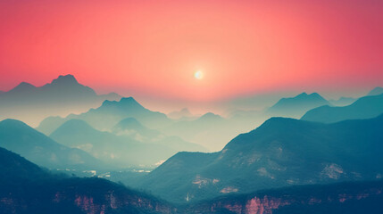 Nature wallpaper with silhouettes of the misty blue mountains in gradient blue colour, and orange sky with setting sun.