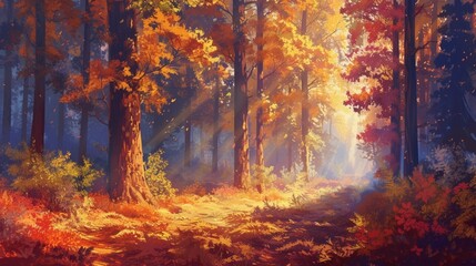 Obraz premium An enchanting forest bathed in golden sunlight, with majestic trees towering overhead 