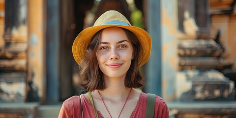 Friendly young female tourist visiting an exotic international location on vacation
