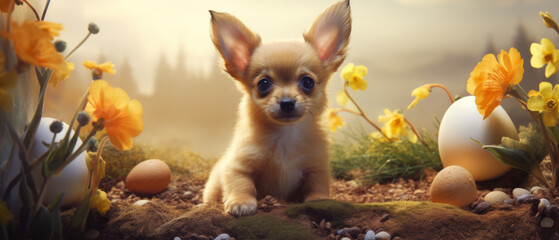 Chihuahua Puppy Amongst Easter Eggs and Spring Daffodils