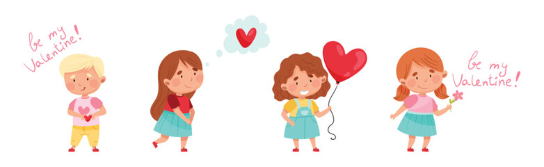 Cute Boy and Girl Feel Love at Valentine Day Vector Set