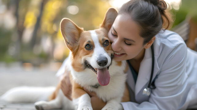 Portrait of smiling young woman with korgi dog. National Pet Day