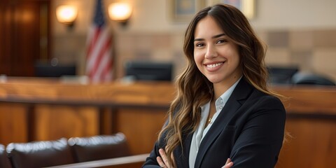 Friendly female attorney standing in courtroom