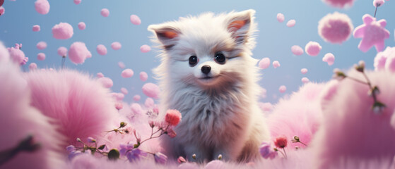 Fototapeta na wymiar Puppy Amidst Pink Cherry Blossoms and Floating Petals