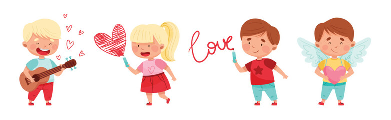 Cute Boy and Girl Feel Love at Valentine Day Vector Set