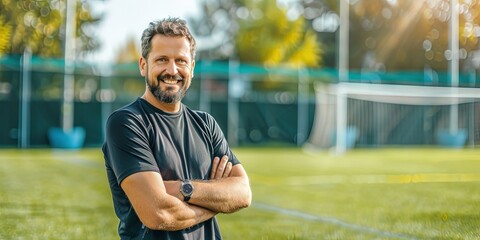Friendly sports coach standing confidently on soccer field and smiling